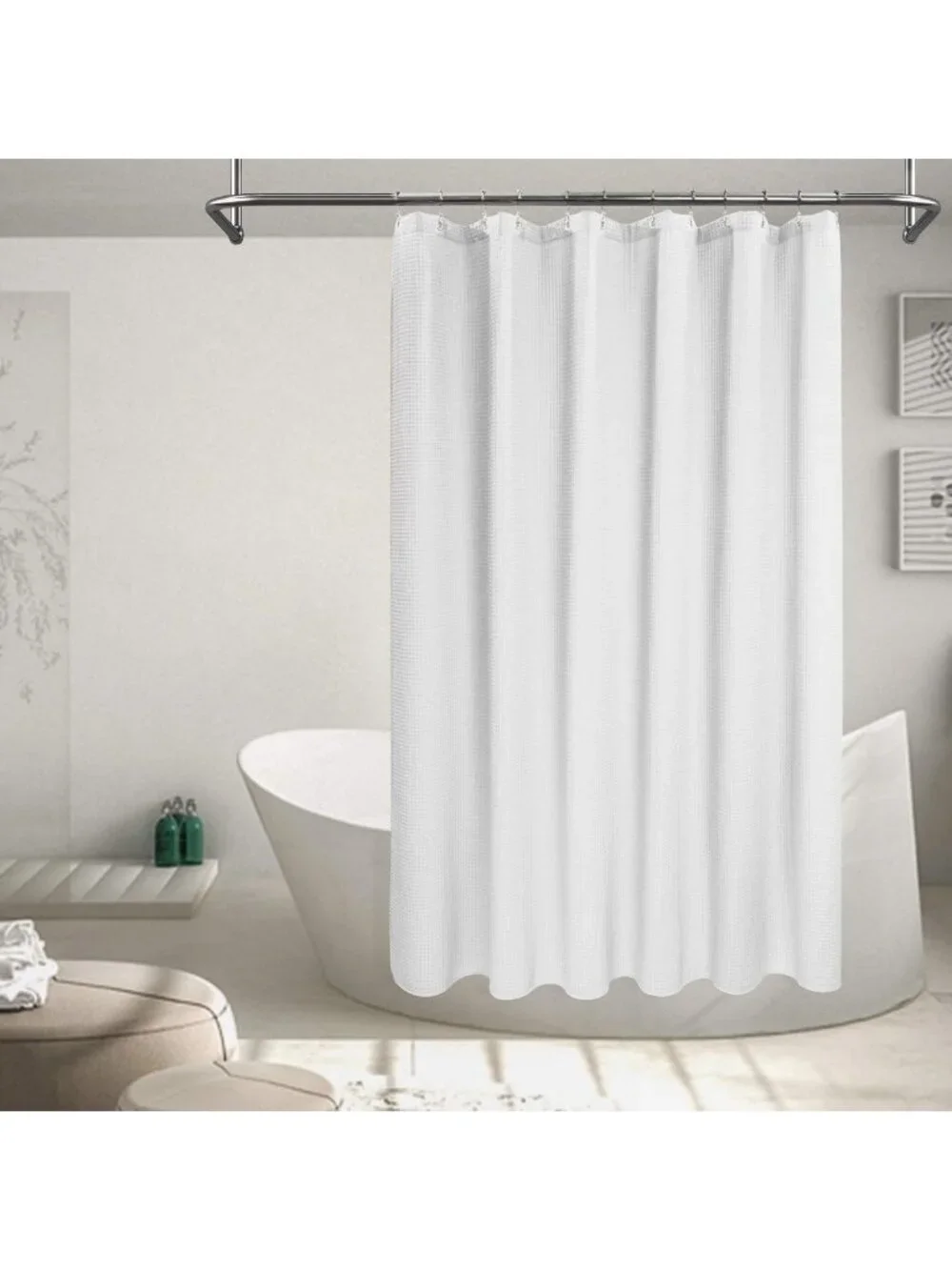 Soft Cotton Blend Shower Curtain, Honeycomb Waffle Weave, Washable, 72x72 inch